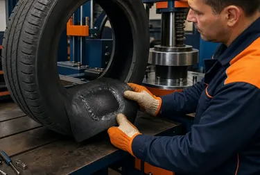 Mecânico fazendo vulcanização de pneus em Eunápolis.
