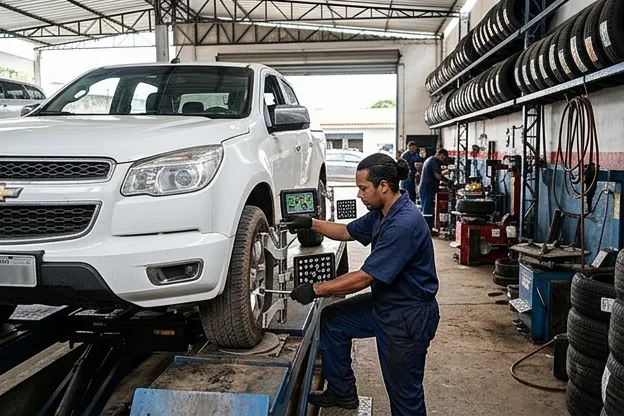 Técnico fazendo alinhamento de rodas na O Polo Borracharia.